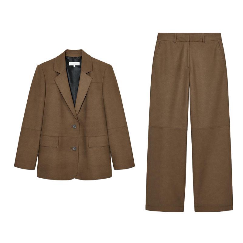 Suit with Padded Shoulder Straight-leg Long Sleeves Lapel Outwear 2518907 Loose Mid Waist Straight-Leg Trousers 2520907