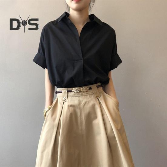 Dámská letní košile Klopa Krátký rukáv Jednobarevný svetr Topy Volný střih Tenká kancelářská dámská košile Pracovní oděvy