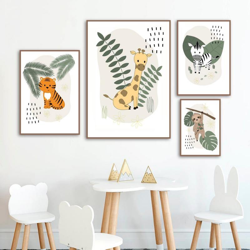 Leu Elefant Girafă Hipopotam Maimuță Frunză Artă de Perete pentru Creșă Pictură pe Pânză Postere și Imprimeuri Nordice Imagini Decor Cameră Bebeluși Copii