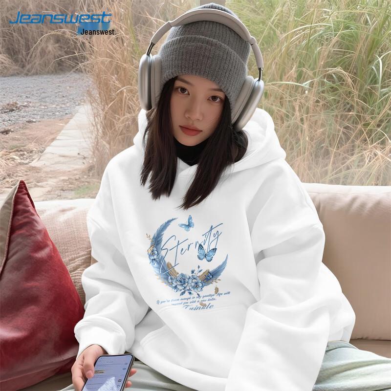 JEANSWEST Women's Feather Moon Print Loose Hooded Sweatshirt