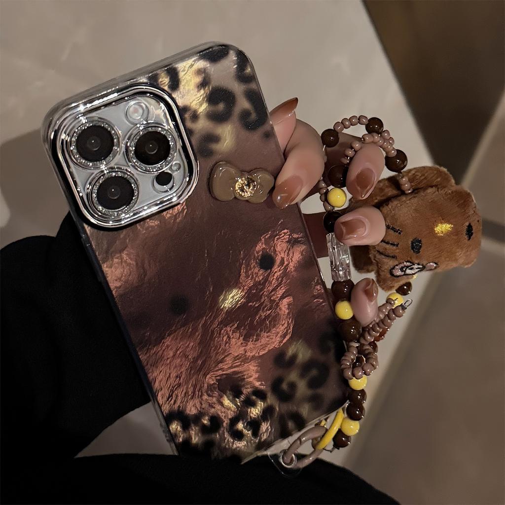 Brown Leopard Print Hot Girl Cat Apple 17 Mobile Phone Case IPhone 16 Suitable for 14pronax Hanging Chain 13 Three Dimensional Flash Powder