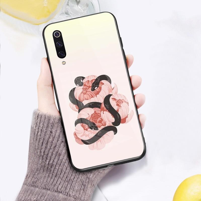 

Чехол для телефона со змеей и цветком для Xiaomi 12 11T 10 9 Redmi Note 11 10 10S Pro Redmi 9 9A 8, черный стеклянный чехол для телефона из поликарбоната Redmi 9T