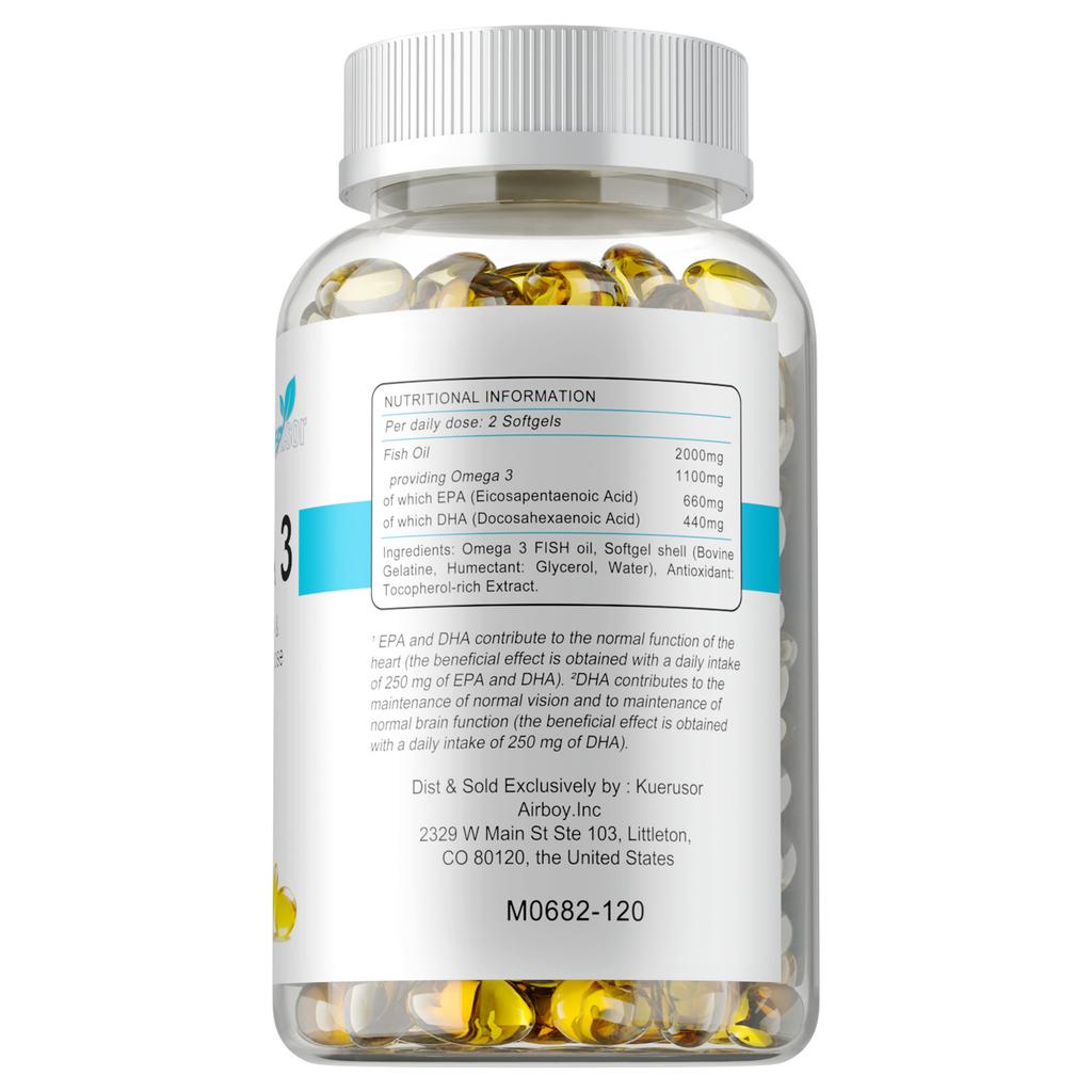 Omega 3 Fish Oil Softgels 120 Count 2000mg — Heart Health Support, Brain Function, Eye Health