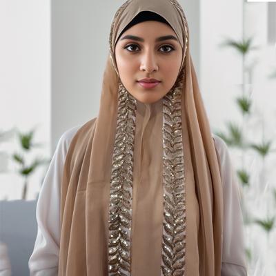 High Quality Pearls Chiffon Hijab Scarf Muslim Fashion Women Sequins Headwrap Arab Plain Turban Shawls Turban Hijabs For Women