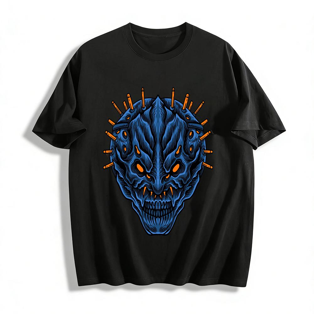 Dark Style Spiked Demon Skull Print Trendy Casual Short Sleeve T-Shirt Pure cotton T-shirt XXS