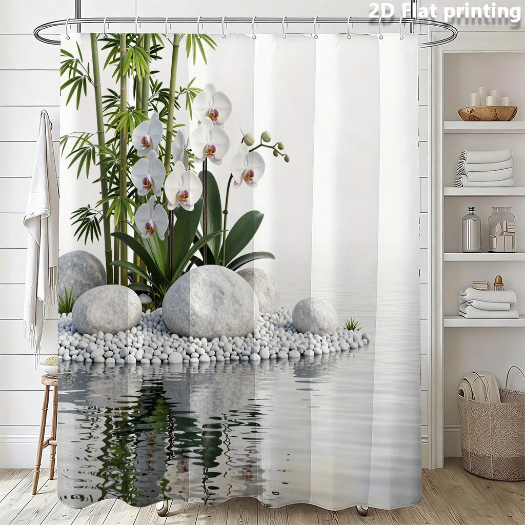 Zen Bamboo Orchid Water Garden Shower Curtain Machine Washable All Season Waterproof Privacy Protection Nature Design Peaceful
