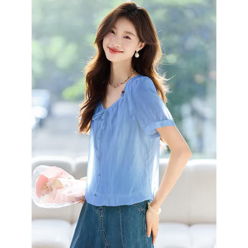 Sanpowa Women s Short Sleeve Thin Spring Shirt M светло-синий