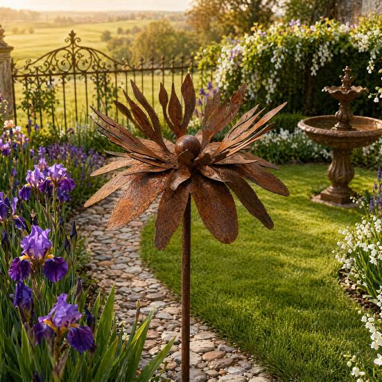 Rusty Outdoor Daisy Flower Metal Yard Stake, Rusted Iron Art Flower Garden Decoration, Weather-Resistant Garden Ornament for Lawn, Pathway, Patio, or