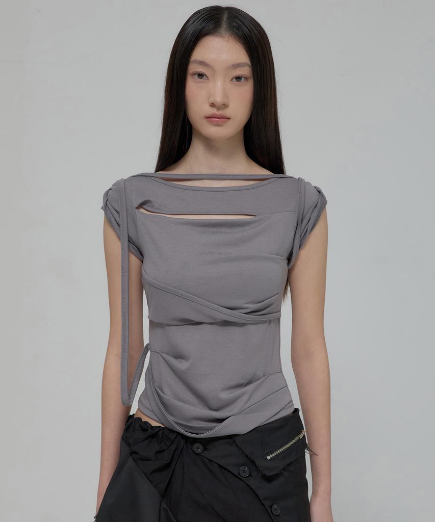Peulleeoeob Asymmetrical Draped Strap Roll-Up T-Shirt (Fl-170_Dark Gray)