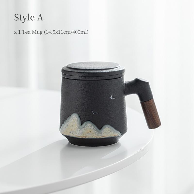 400ml Yuanshan Ceramic Mug with Lid Filter Wooden Handle Office Coffee Cup