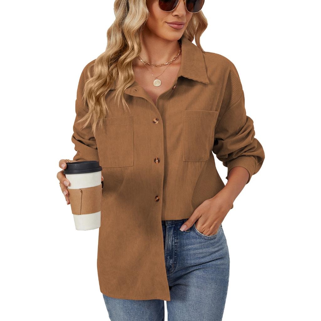 Fall Winter New Corduroy Lapel Long Sleeve Loose Pocket Shirt Jacket For Amazon Europe America Cross-border Foreign Trade