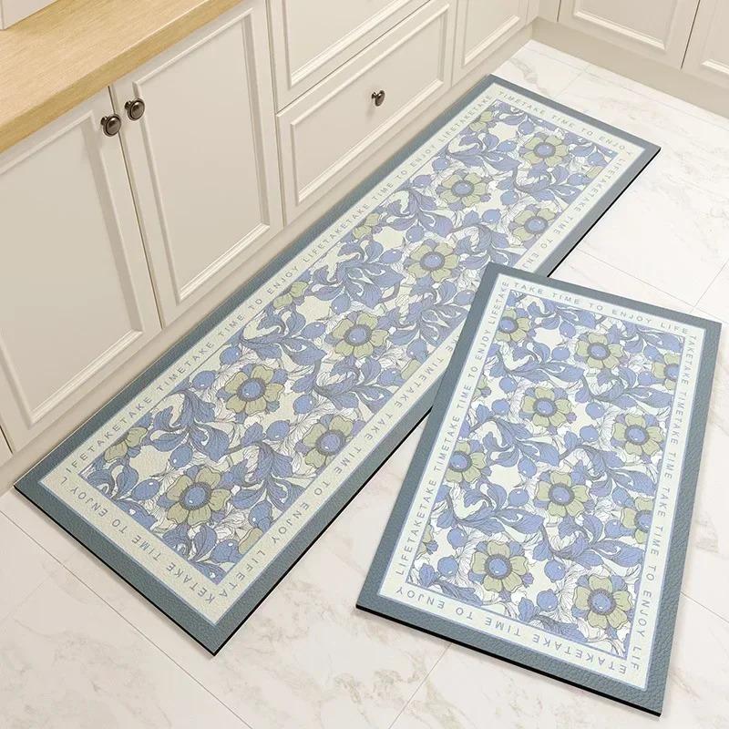 Washable Non-slip Kitchen Rug Pvc Leather Waterproof Anti-slip Floor Mat Long Rugs Oil-proof Foot Mats Pink Flower Home Carpet