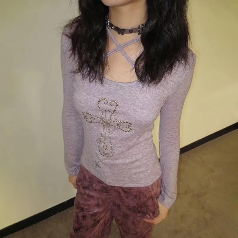 Japonské pletené topy Y2k Grunge Estetika Trička Flare Rukáv Vintage Harajuku Fialová úplet American Retro 2000s