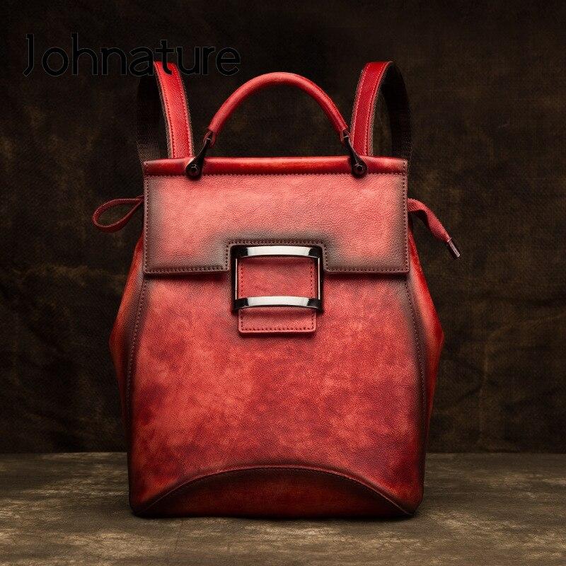 Johnature Retro Genuine Leather Bag Solid Color Backpack Handmade Cowhide Large Capacity Women Backpacks Travel Bags