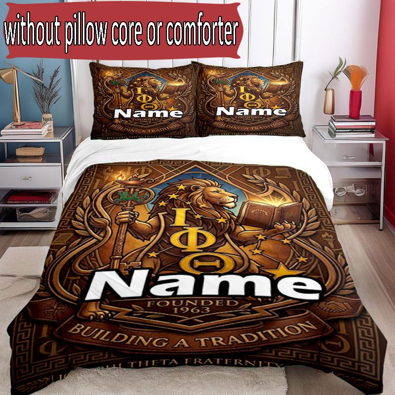 3pcs Duvet Cover Set (1*Duvet Cover + 2*Pillowcase, Without Core), Custom Name Iota Phi Theta Pattern Bedding Set, Home Bedroom Decor Gift