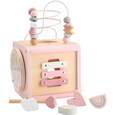 Cube d'activités LabelLabel, jouet en bois, boucle, ajustement, bébé, 1er, 2e anniversaire, cadeau, garçons, filles, jouet en bois, jouet éducatif (Rose)