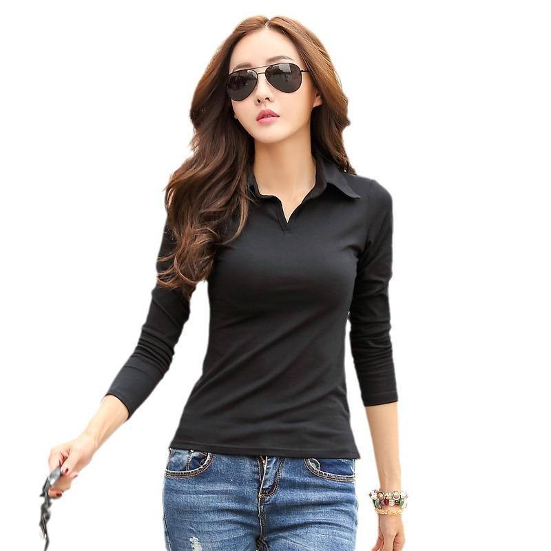 Spring And Autumn 2024 New Slim Lapel T-shirt Women's Long Sleeve Korean Solid Color Top Bottoming Shirt