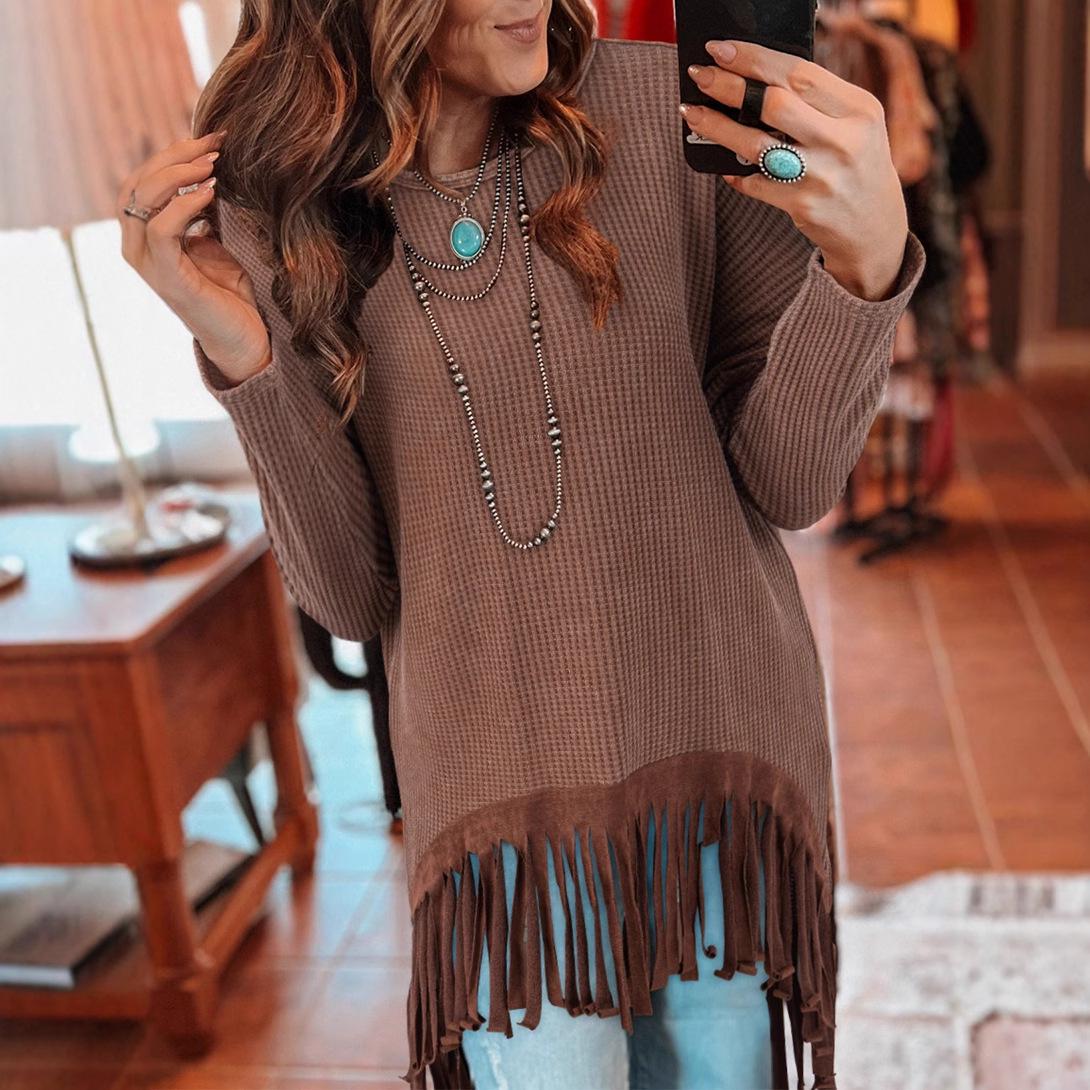 

Shiying Women s Fashion Tassel Hem Solid Color Knit Pullover - Warm Winter Design Medium коричневий