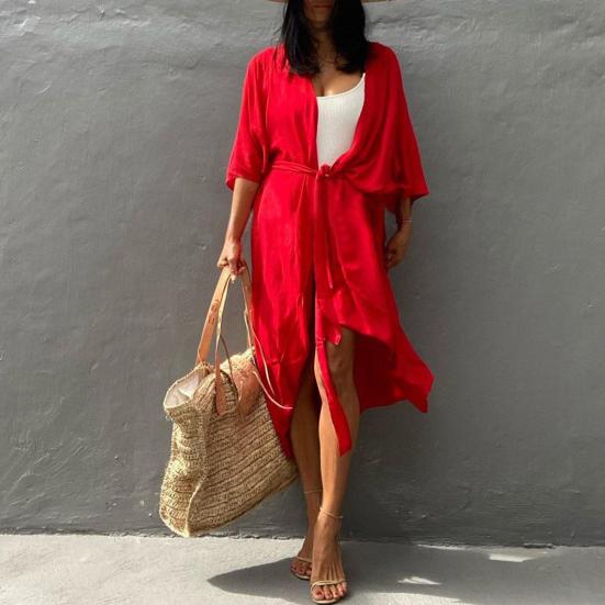 Beach Cover Up Cardigan V-neck Half Sleeve Quick-Drying Breathable Loose Fit Swimwear Coat with Tie Design