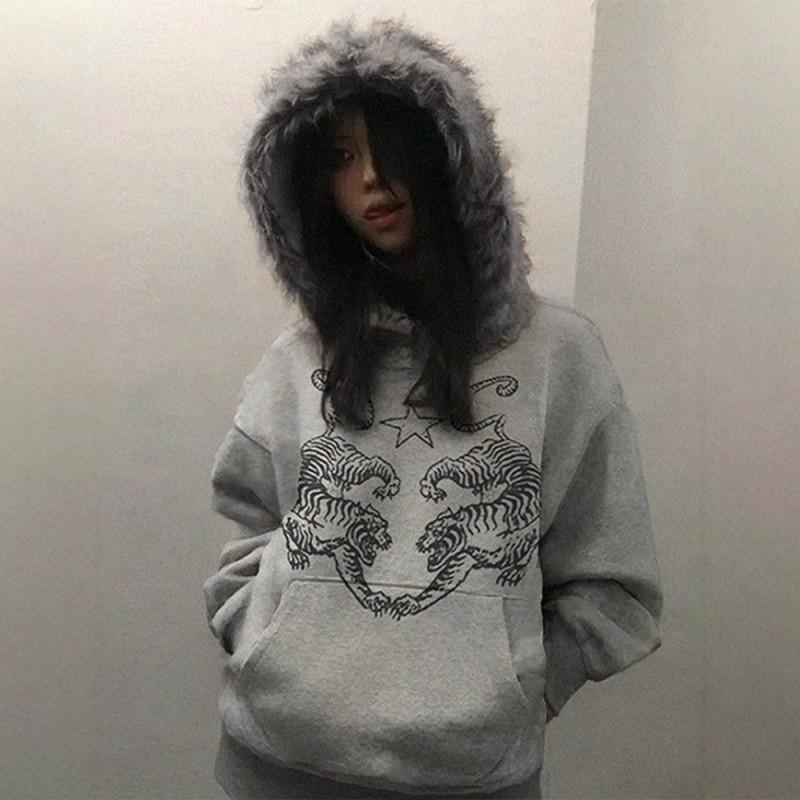 Y2K Retro Hoodie With Faux Fur Trim Print Graphic Sweatshirt Women Men Long Sleeve Winter Warm Thickened