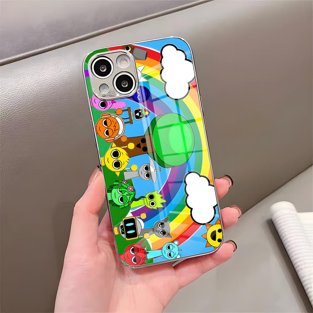 Kreslený herný obal Sprunki na telefón pre iPhone 17 Pro Max 15 Pro 16 14 Plus 12 13 Mini 11 Pro Nárazuvzdorný galvanicky pokovovaný sklenený kryt