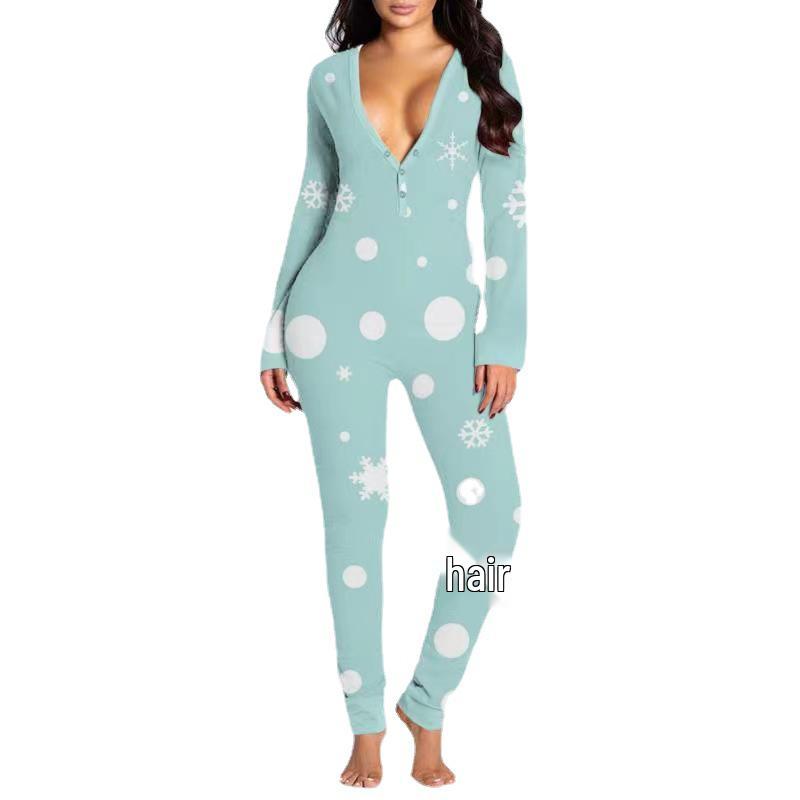 2023 Europäischer & Amerikanischer Weihnachten Langarm Knopfleiste Bedruckter Erwachsenen Jumpsuit