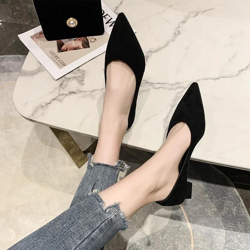 Fashion Summer Women's Workplace Shoes with Heels Pointed Tip Thick Heel One Kick  Womens Shoes Fashion Shallow Mouth Solid Color Simple