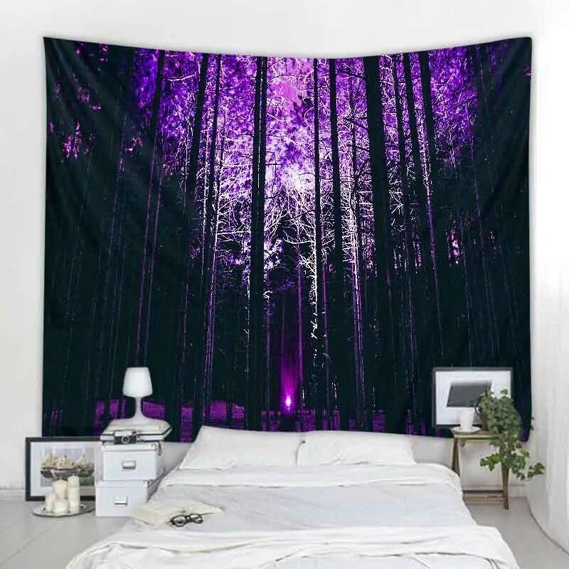Starry Forest Tapestry Moonlight Night Psychedelic Bohemian Decoration Wall Hanging Home Room Art Background Decoration
