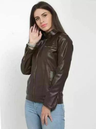Genuine Stylish Lambskin Leather Brown Zipper Women Jacket Designer Motorcycle