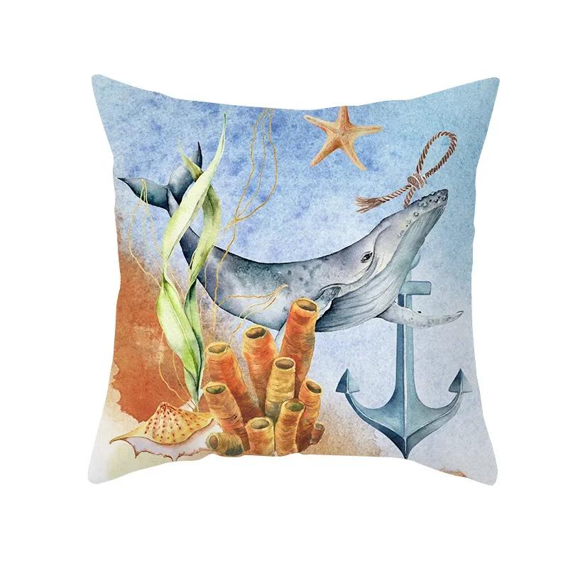45X45CM Retro Mediterraner Ozean Druck Blau Grün Kissenbezug Heiß Meerjungfrau Fisch Kissenbezug Sofa Sitz Wohnzimmer Dekokissen