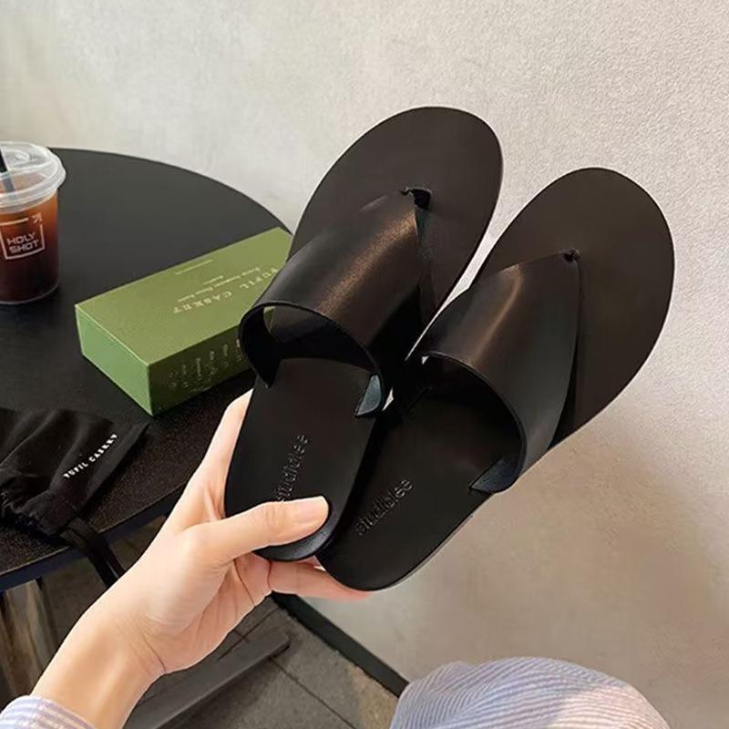 Flip-flops Summer New Round Head Simple Triangular Toe Flat Bottom Slippers Women's Leather Flat Bottom Sandals
