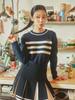 LIKK Striped Color Block Wool Blend Round Knit (Navy)