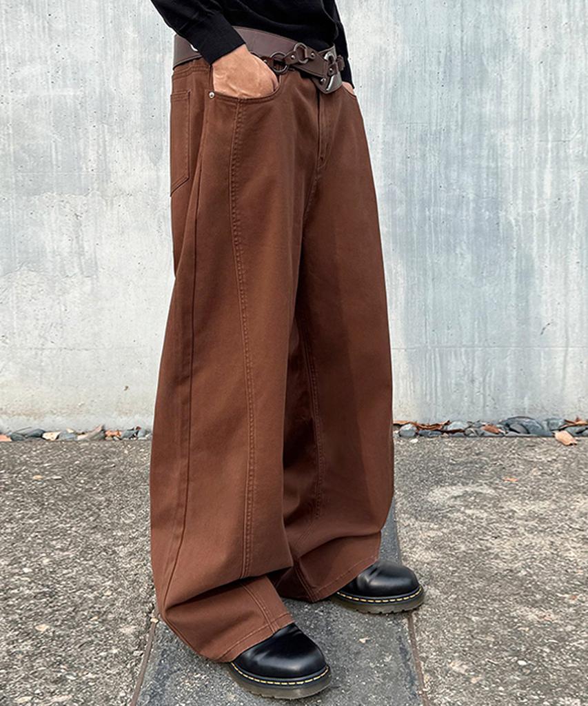 Jikeulib Brushed Brown Curved Cut-Line Wide Cotton Pants