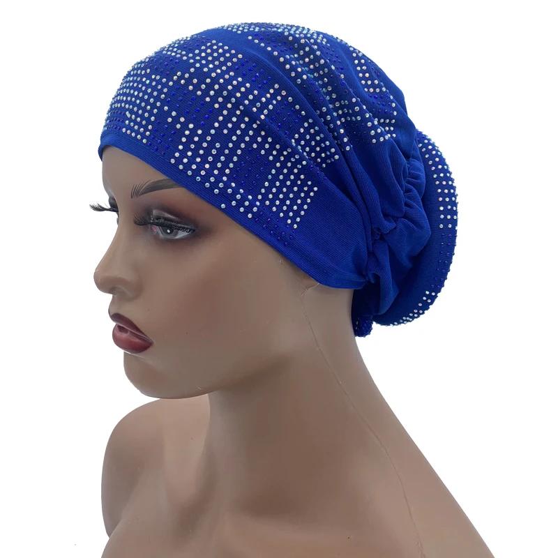 New Women Full Diamonds Donut Turban Cap Elastic Muslim Hijab Bonnet Hat Ladies Headband Turbans African India Caps