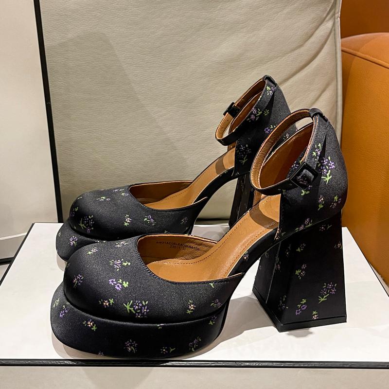 Luxury Flower Print Satin Silk Platform Mary Janes Women 90mm High Heel Ankle Strap Pumps Ladies Trendy Brand Shoes