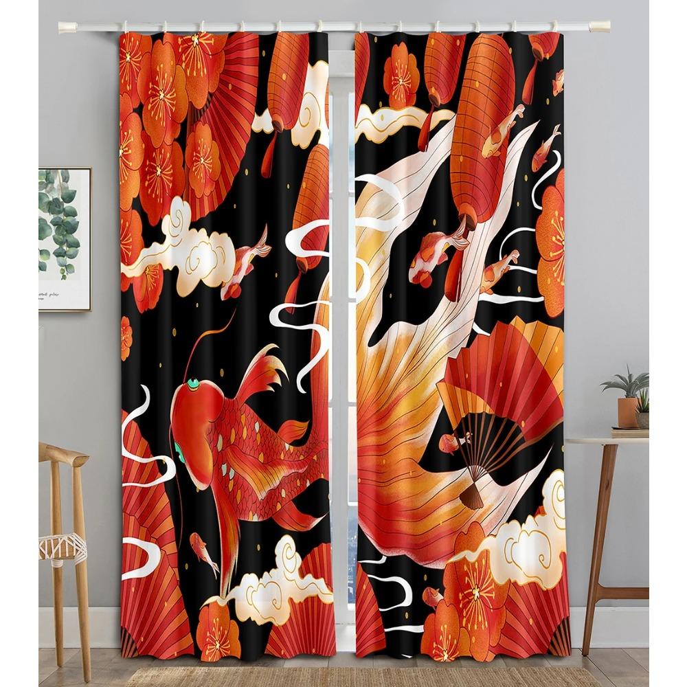 Chinese Tradtional Gold Fish Sea WaveBlackout Window Panel Curtain designed for Living Room Space Bedroom Bathroom Kicthen Door Cupboard Decor Hooks