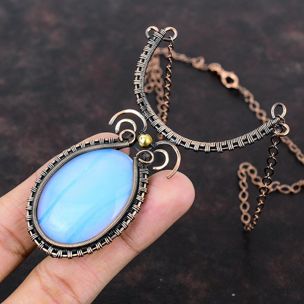 Milky Opal Necklace Copper Wire Wrapped Necklace Adjustable Necklace Gemstone Necklace Copper Wire Wrap Jewelry Handmade Necklace For Gift