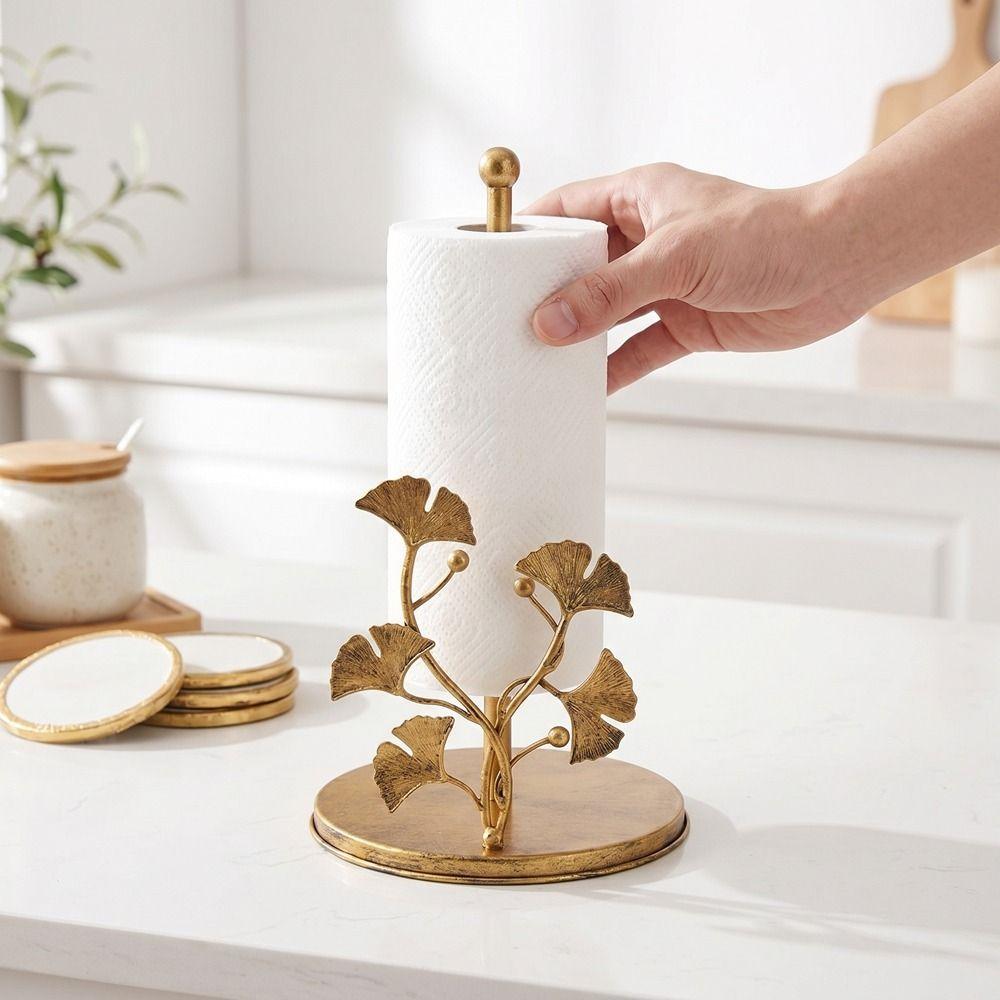 Iron Vertical Tissue Holder Ginkgo Leaf Rose Shaped Roll Paper Towel Holder Free Standing One-handed Tear Tissue Storage Rack