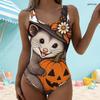 Women Plus Size Scoop Neck Wide Straps One Piece High Cut Swimsuit Halloween Cartoon Animal Pumpkin Printed
