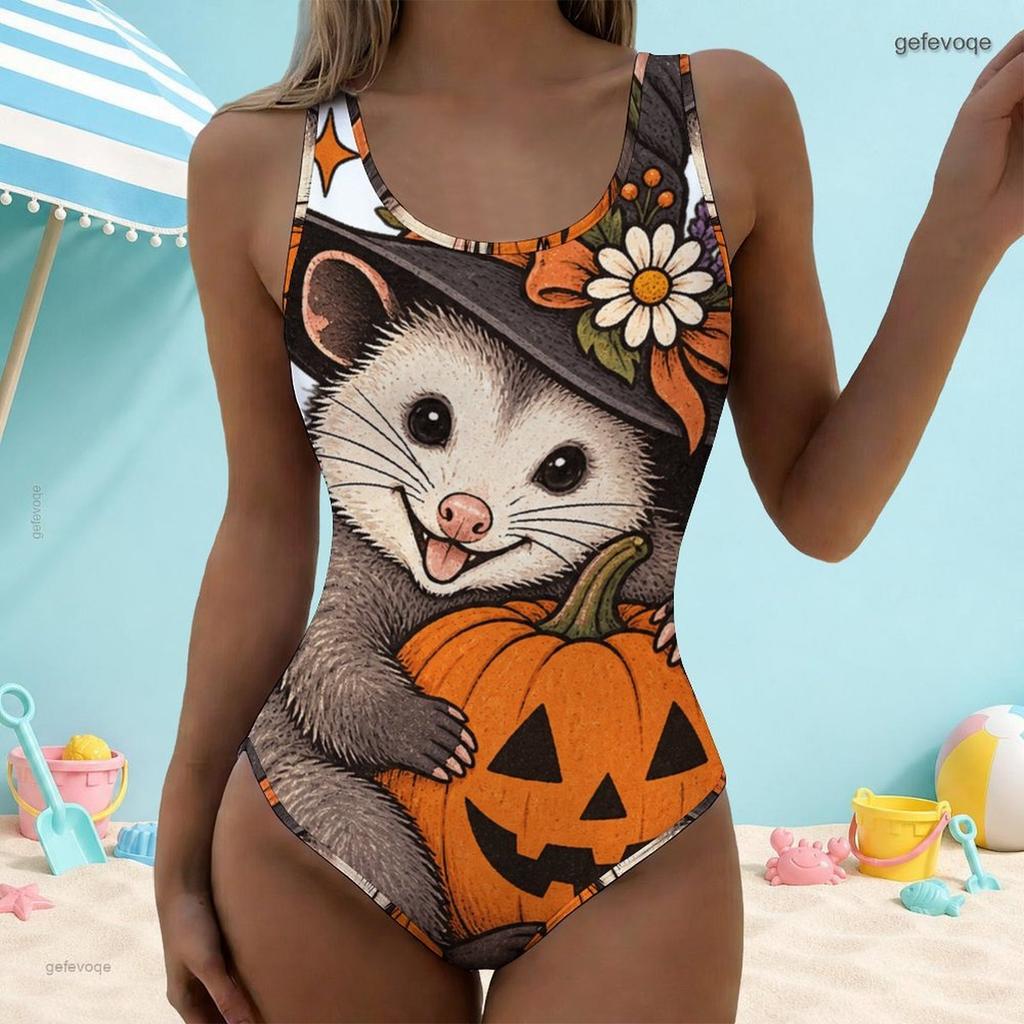 Women Plus Size Scoop Neck Wide Straps One Piece High Cut Swimsuit Halloween Cartoon Animal Pumpkin Printed