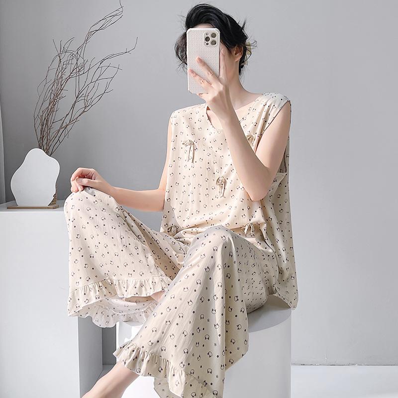 Summer Crew Neck Sleeveless Vest Two-piece Set Cotton and Silk Pajamas Women's Summer Cotton Silk Women's Summer Suit Dress
