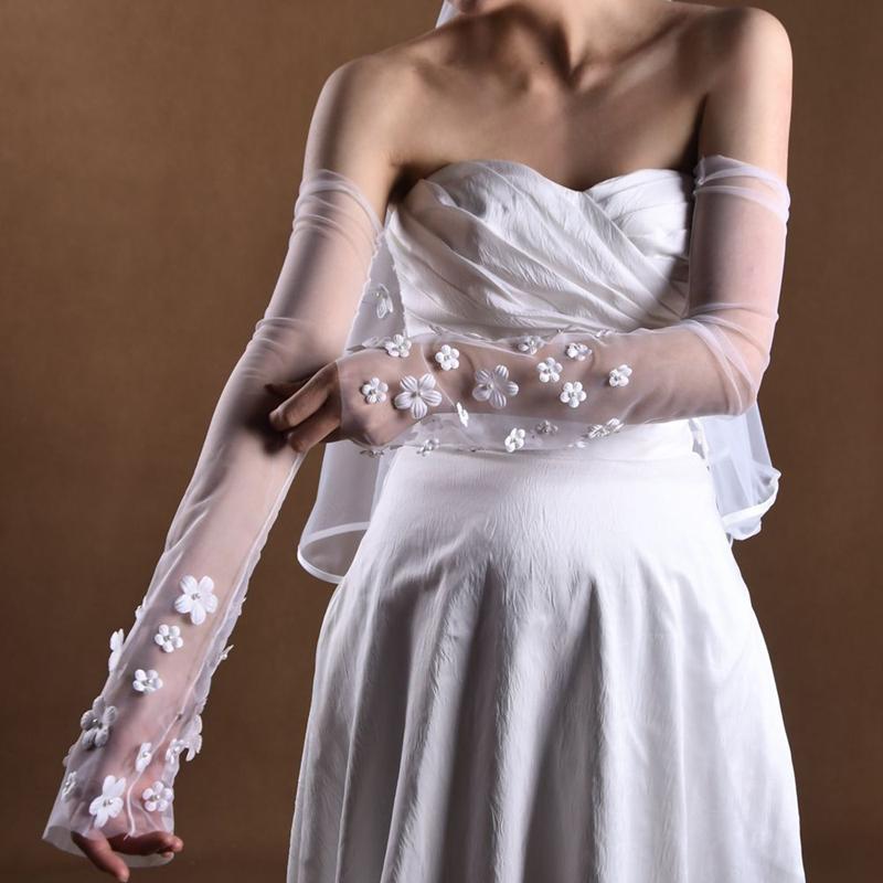 Elegant Long Arm Sleeve Detachable White Mesh Bridal Wedding Dress Tulle Gloves Party Decoration Fingerless Gloves