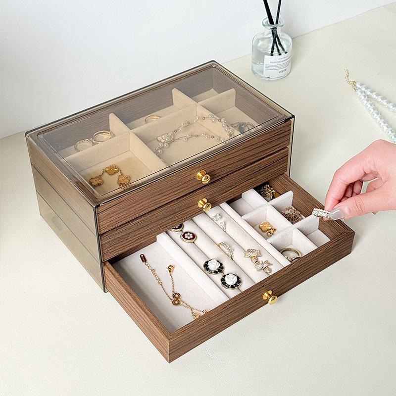 Walnut Three-Layer Jewelry Box: Dustproof & Moisture-Proof Storage for Earrings, Rings, Bracelets