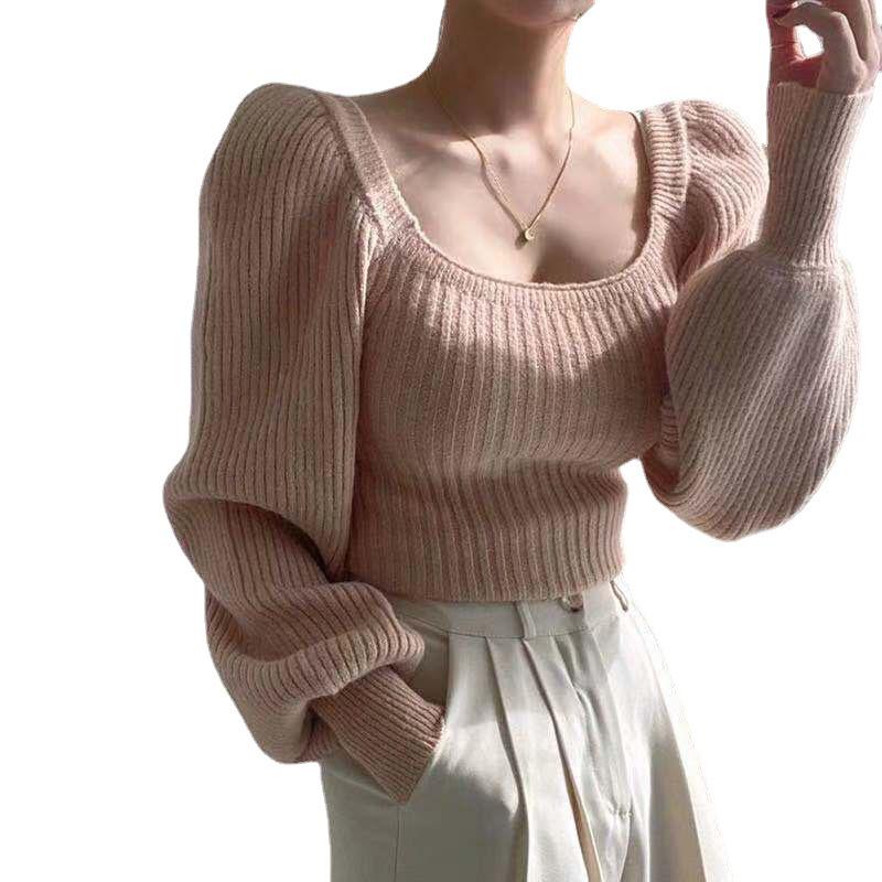 Women's Retro Square Neck Puff Sleeve Knit Top - Autumn/Winter Slimming Waist Long Sleeve Sweater