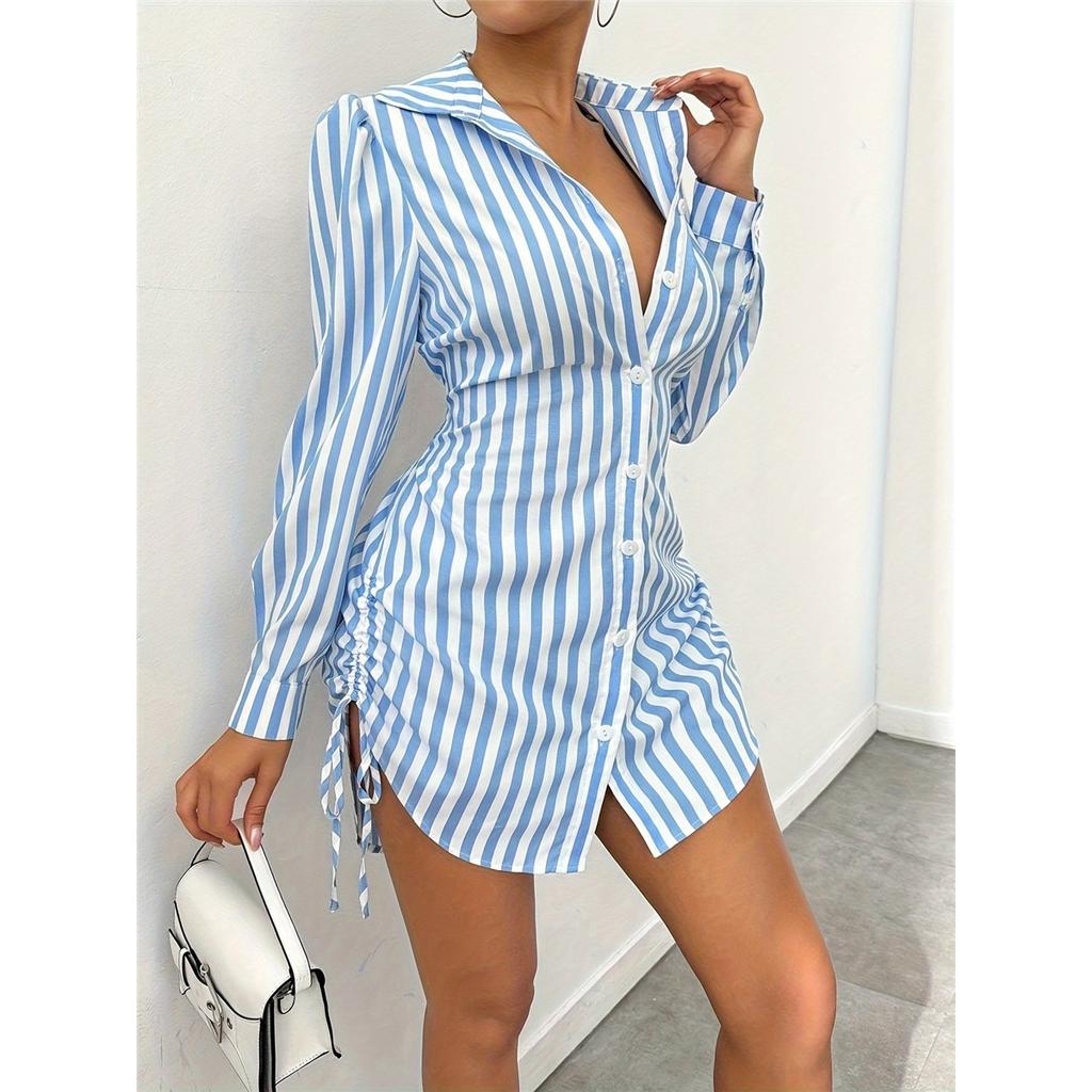 Women's long-sleeved POLO collar sexy side drawstring shirt dress