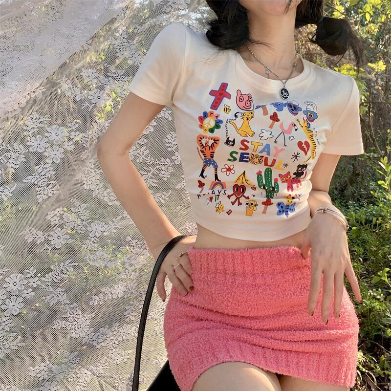 Sommer Vintage Lustige Cartoon Schwarz T-Shirt Damen O-Ausschnitt Kurzarm Reine Baumwolle T-Shirts Lässig Elastisch Skinny y2k Crop Tops Damen Kleidung