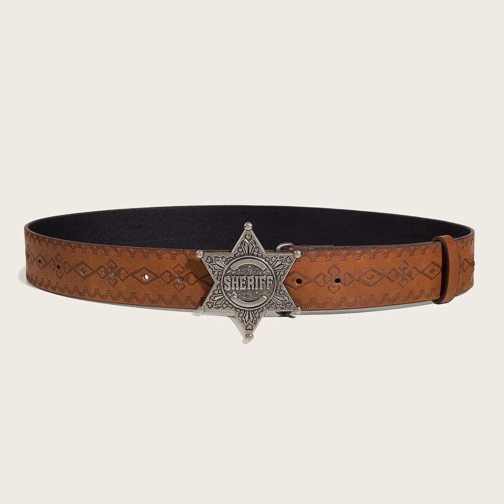 Star Letter Silver Buckle Texture Printed Pattern Belt For Both Men Women And
