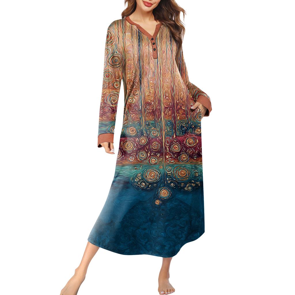 Women's Nightgown Long Loungewear V-neck Nightdress With Pockets