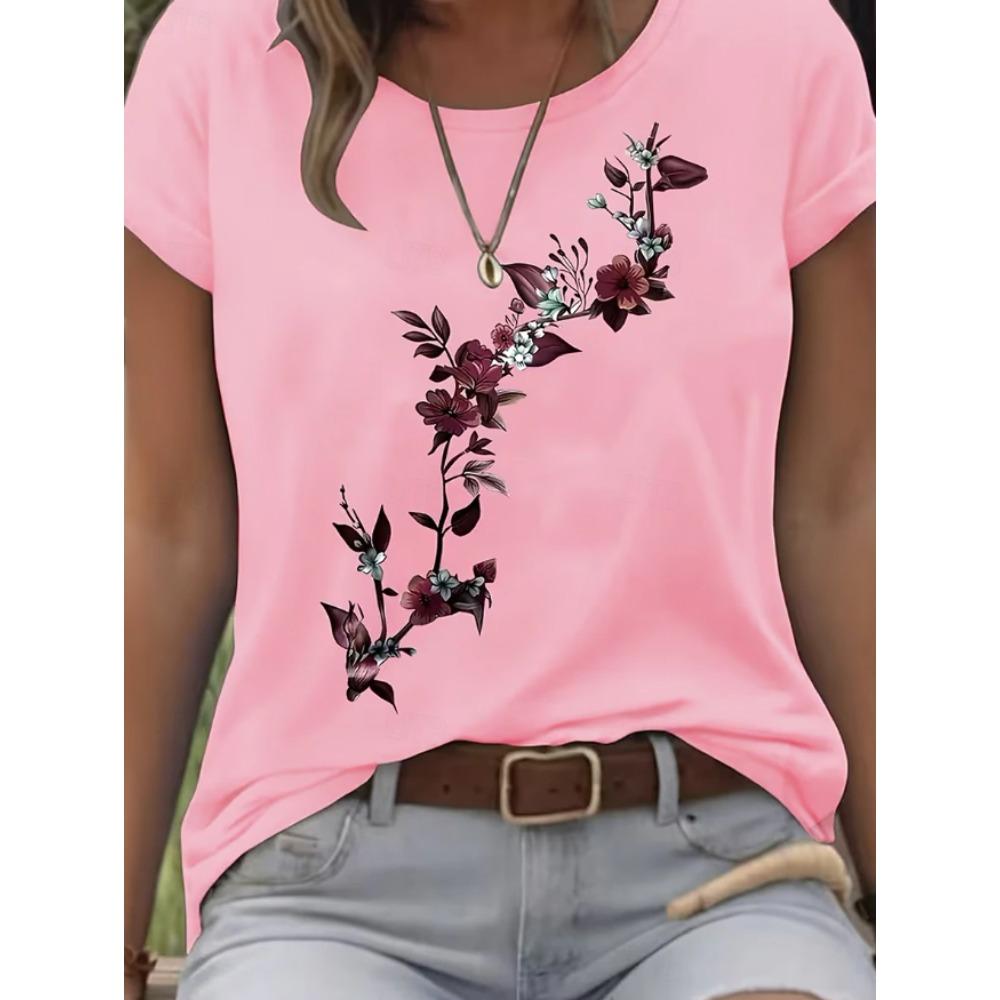 Fashion Women Retro Creative Side Branch Flowers Print T Shirt Funny Casual O-neck Short Sleeves T-shirt Summer Female Tee Shirt