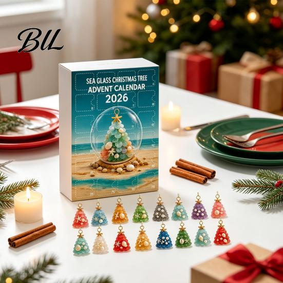 Coastal Home Holiday Ornaments 2026 Christmas Advent Calendar, Sea Glass Tree 2D Acrylic Ornament Set Ocean Inspired Seasonal Decor with Hanging